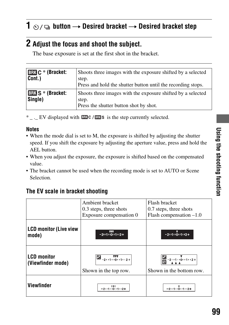 Button t desired bracket t desired bracket step, Adjust the focus and shoot the subject | Sony 3-287-969-15 (1) User Manual | Page 99 / 167