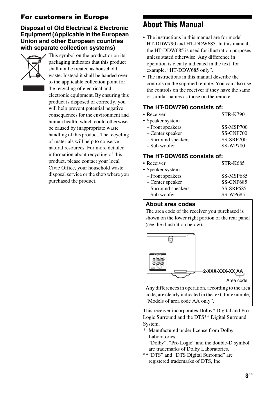About this manual, For customers in europe, The ht-ddw790 consists of | The ht-ddw685 consists of, About area codes | Sony HT-DDW685 User Manual | Page 3 / 64