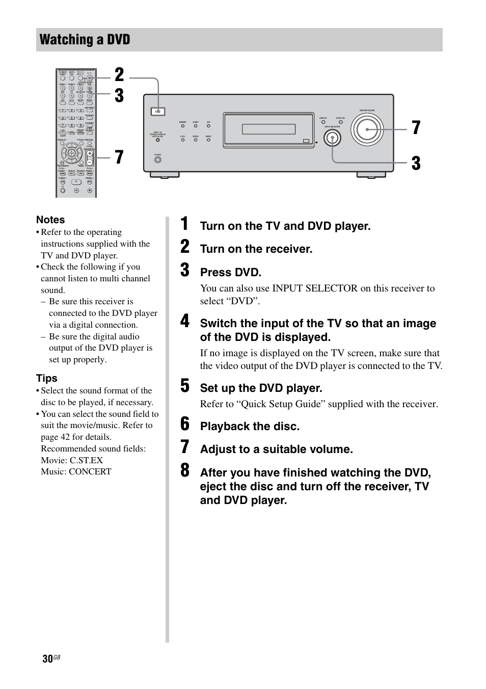 Watching a dvd, Turn on the tv and dvd player, Turn on the receiver | Press dvd, Set up the dvd player, Playback the disc, Adjust to a suitable volume, Tips | Sony HT-DDW685 User Manual | Page 30 / 64
