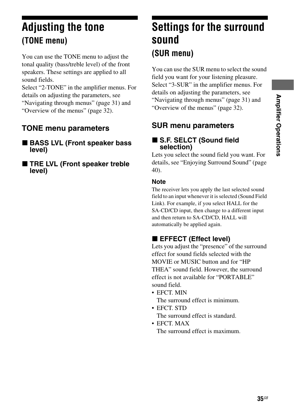 Adjusting the tone (tone menu), Settings for the surround sound (sur menu), Sur menu) | Adjusting the tone, Settings for the surround sound, Tone menu) | Sony HT-DDW685 User Manual | Page 35 / 64
