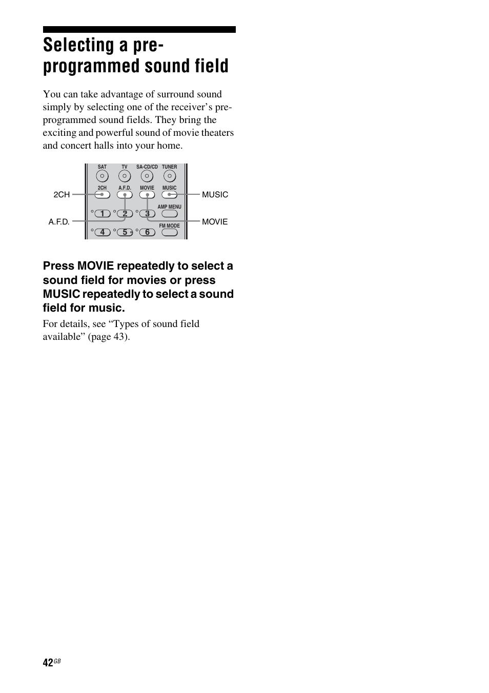 Selecting a pre- programmed sound field, Selecting a pre-programmed sound field | Sony HT-DDW685 User Manual | Page 42 / 64
