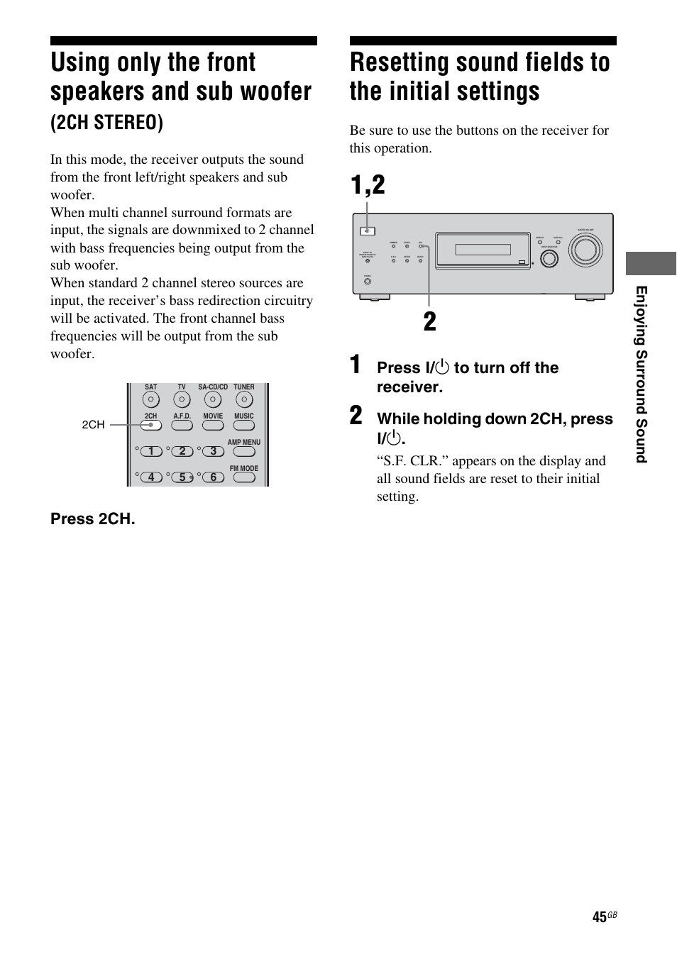 Resetting sound fields to the initial settings, Using only the front speakers and, Sub woofer (2ch stereo) | Resetting sound fields to the initial, Settings, Using only the front speakers and sub woofer, 2ch stereo), Press 2ch, Press ? / 1 to turn off the receiver, While holding down 2ch, press ? / 1 | Sony HT-DDW685 User Manual | Page 45 / 64