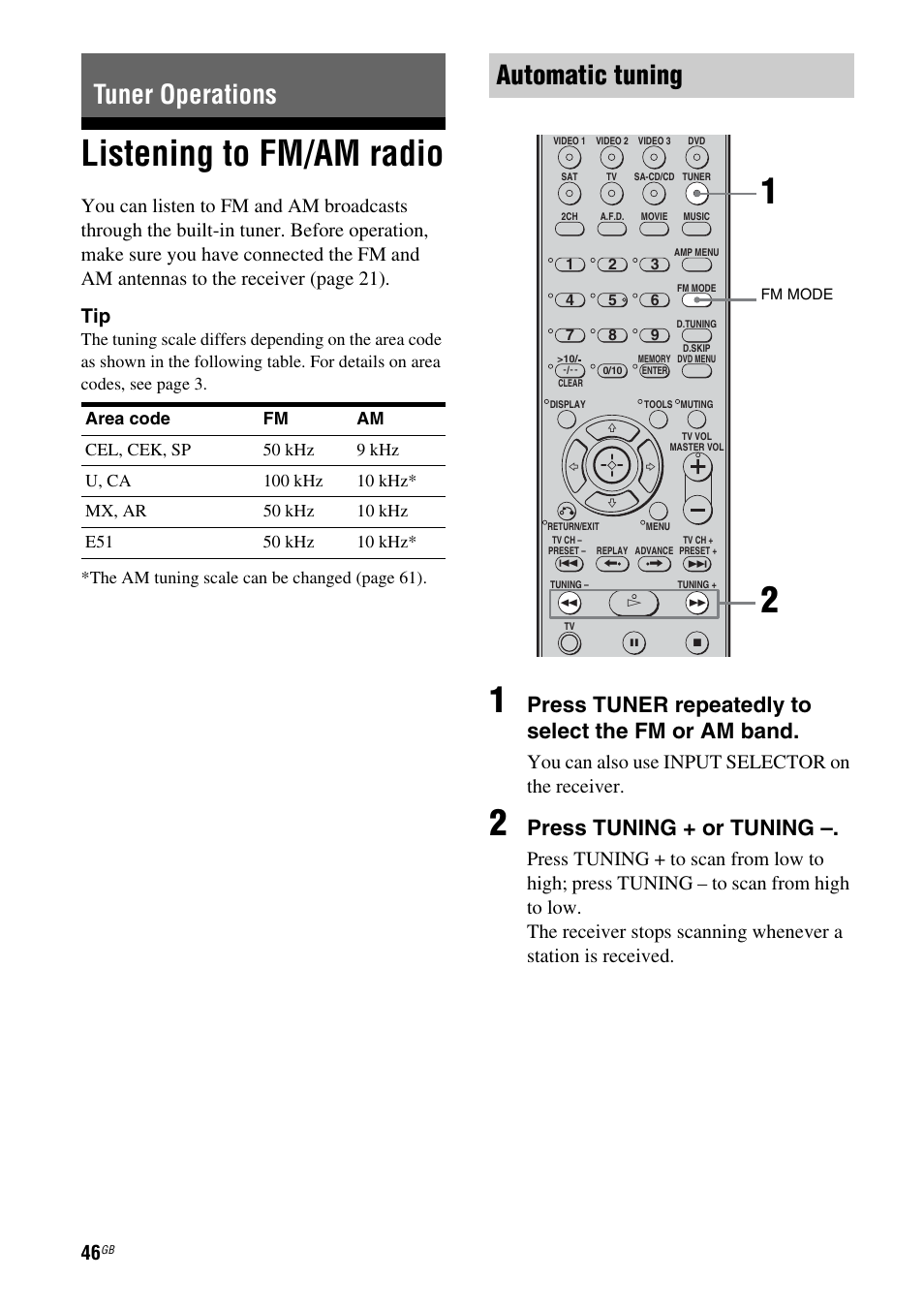 Tuner operations, Listening to fm/am radio, Automatic tuning | Press tuner repeatedly to select the fm or am band, Press tuning + or tuning, You can also use input selector on the receiver | Sony HT-DDW685 User Manual | Page 46 / 64