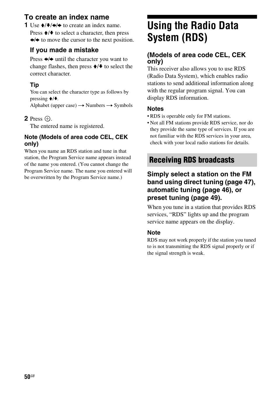 Using the radio data system (rds), Models of area code cel, cek only), Receiving rds broadcasts | Sony HT-DDW685 User Manual | Page 50 / 64