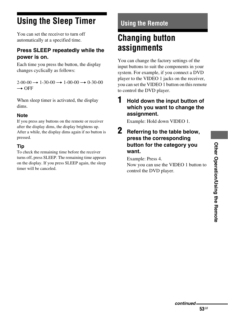Using the sleep timer, Using the remote, Changing button assignments | Sony HT-DDW685 User Manual | Page 53 / 64
