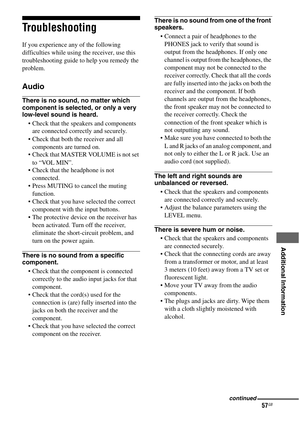 Troubleshooting, Audio | Sony HT-DDW685 User Manual | Page 57 / 64