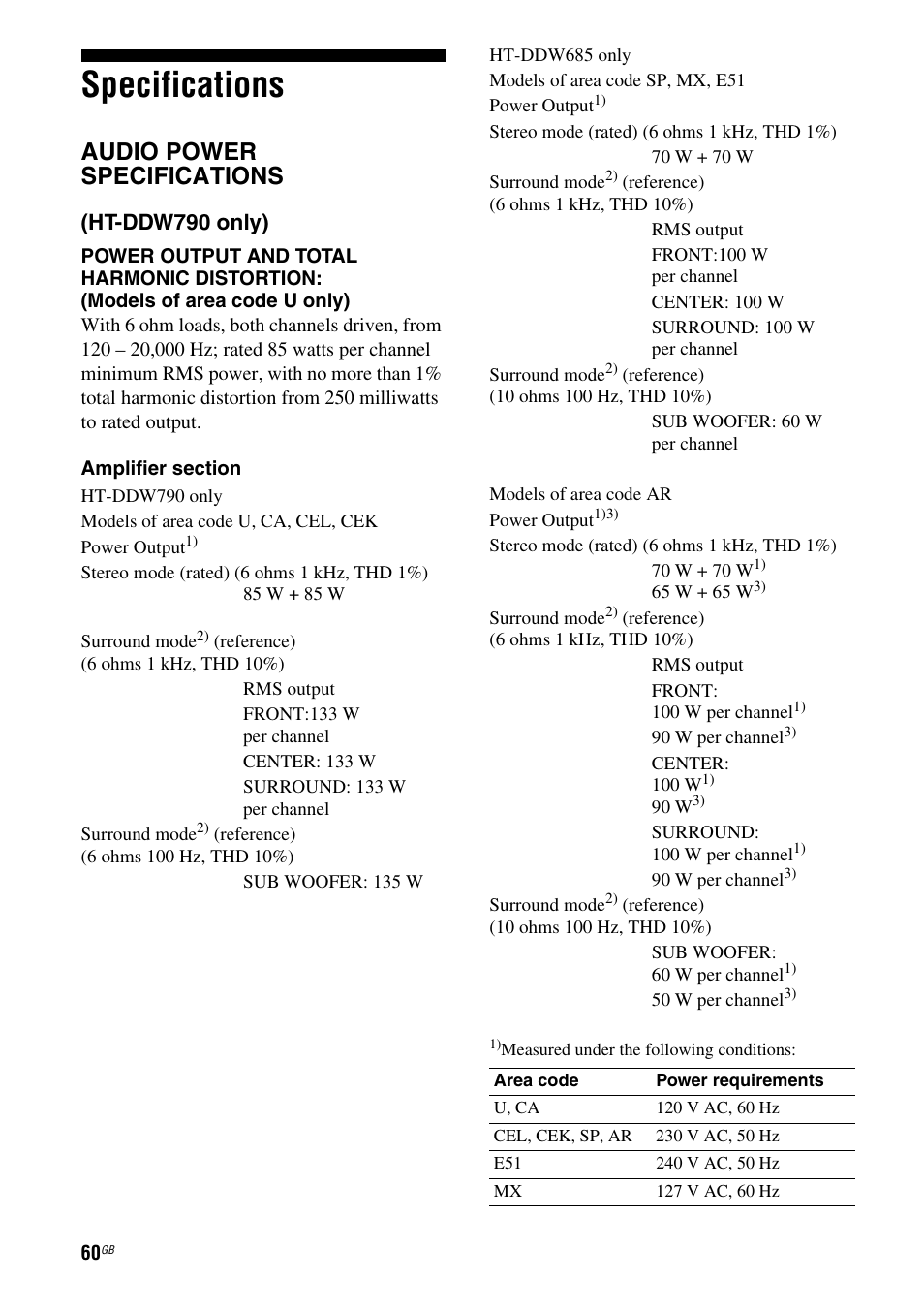 Specifications, Audio power specifications, Ht-ddw790 only) | Sony HT-DDW685 User Manual | Page 60 / 64