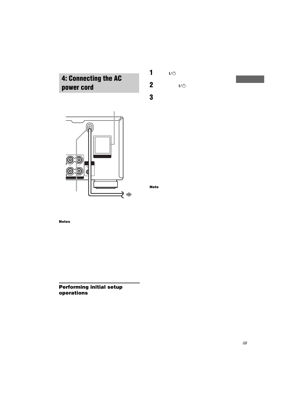 Connecting the ac power cord, Notes, Performing initial setup operations | 2 hold down ?/1 on the receiver for 5 seconds, Note | Sony STR-DA2000ES User Manual | Page 19 / 60