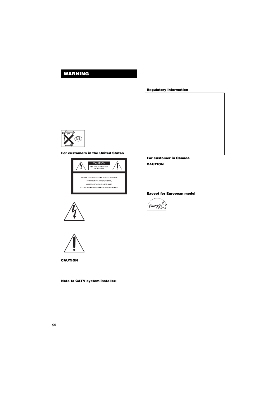 Warning, For customers in the united states, Caution | Note to catv system installer, Regulatory information, For customer in canada, Except for european model | Sony STR-DA2000ES User Manual | Page 2 / 60