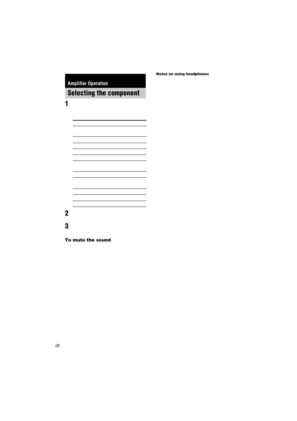 Selecting the component, 1 rotate input selector to select the input, 2 turn on the component and start playback | 3 rotate master volume –/+ to adjust the volume, To mute the sound, Notes on using headphones, Amplifier operation | Sony STR-DA2000ES User Manual | Page 24 / 60