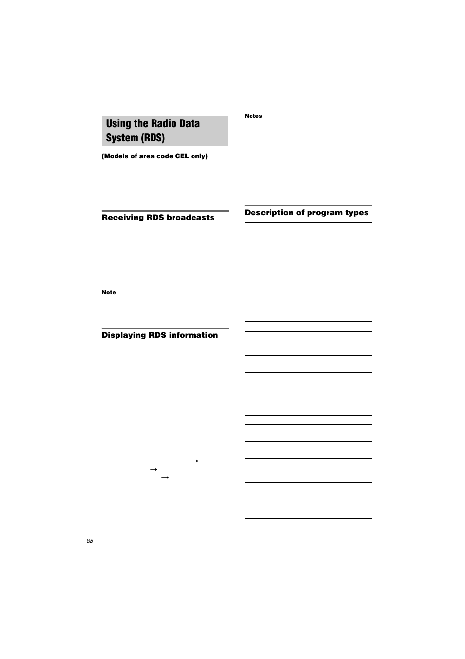 Using the radio data system (rds), Receiving rds broadcasts, Note | Displaying rds information, Notes, Description of program types, Models of area code cel only) | Sony STR-DA2000ES User Manual | Page 28 / 60