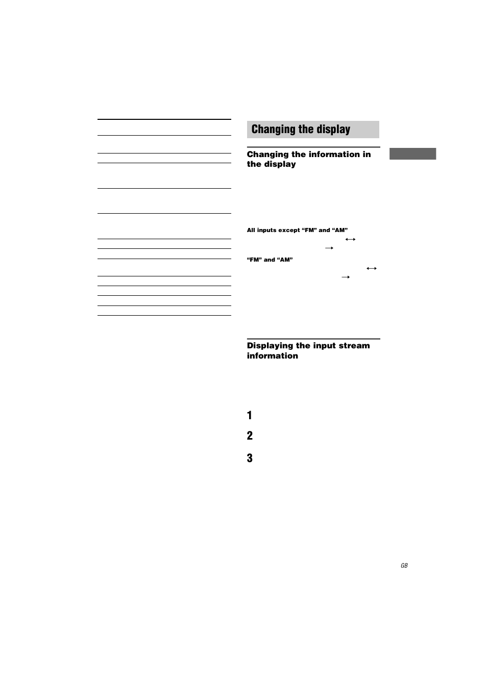 Changing the display, Changing the information in the display, All inputs except “fm” and “am | Fm” and “am, Displaying the input stream information, 1 press main menu to select “stream info, 2 rotate menu, 3 rotate –/+ for more information | Sony STR-DA2000ES User Manual | Page 29 / 60