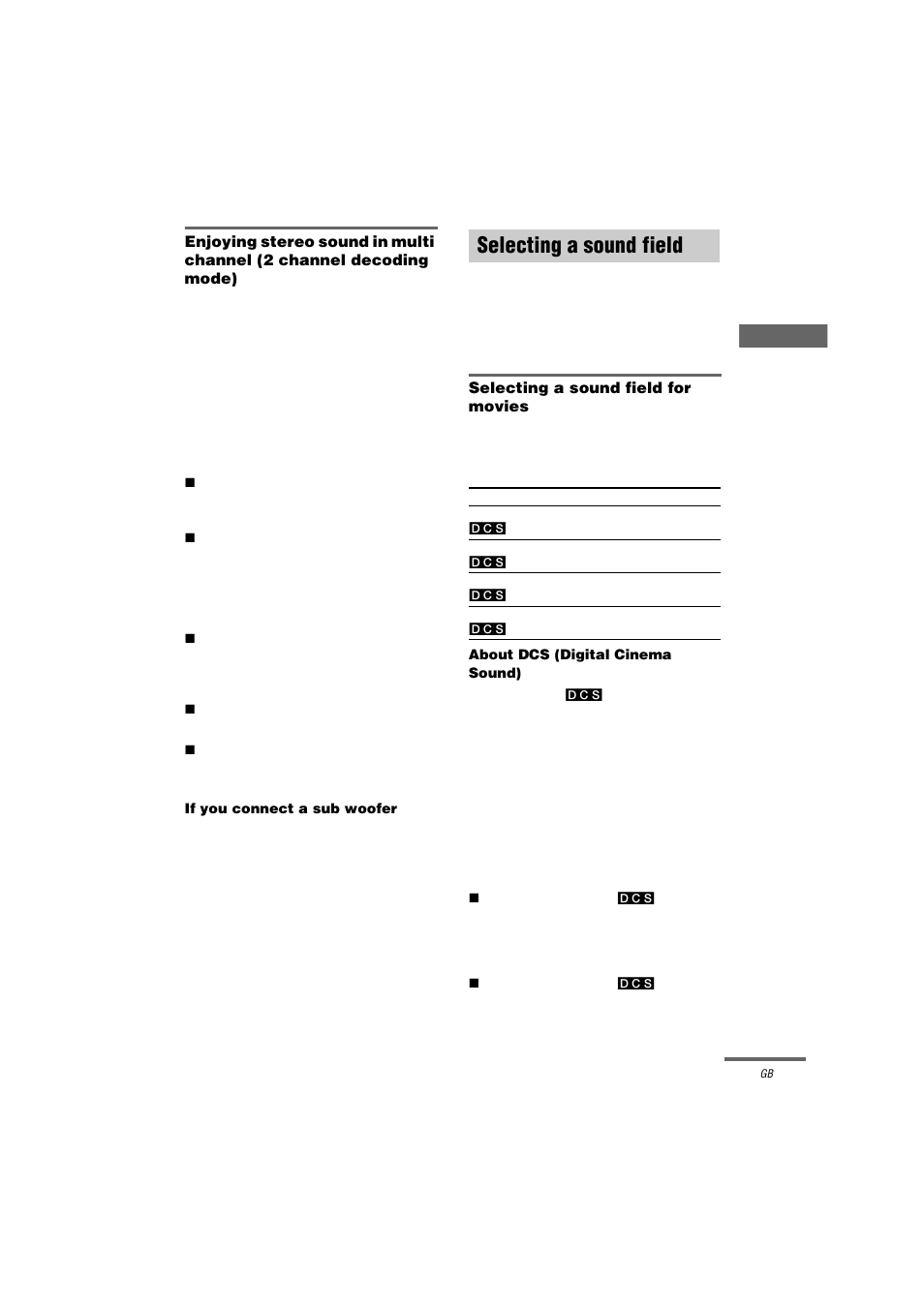 If you connect a sub woofer, Selecting a sound field, Selecting a sound field for movies | About dcs (digital cinema sound) | Sony STR-DA2000ES User Manual | Page 33 / 60