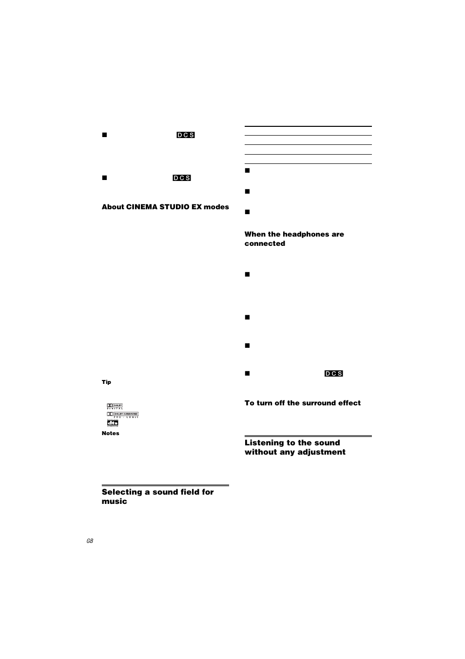 About cinema studio ex modes, Notes, Selecting a sound field for music | When the headphones are connected, To turn off the surround effect, Listening to the sound without any adjustment | Sony STR-DA2000ES User Manual | Page 34 / 60