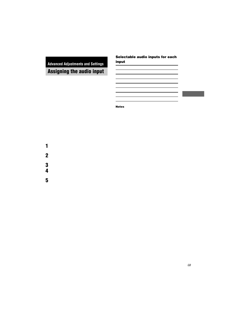 Assigning the audio input, 1 press main menu to select “customize, 2 rotate menu to select “digital assign | 3 press memory/enter, Selectable audio inputs for each input, Notes, Advanced adjustments and settings, Digital assign | Sony STR-DA2000ES User Manual | Page 37 / 60