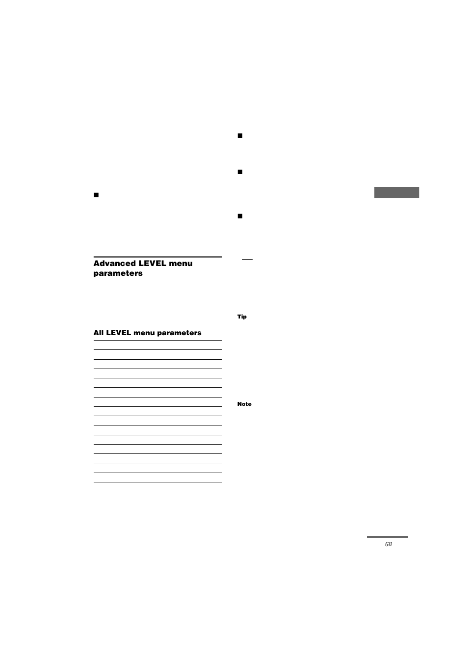 Advanced level menu parameters, All level menu parameters, Note | Sony STR-DA2000ES User Manual | Page 43 / 60