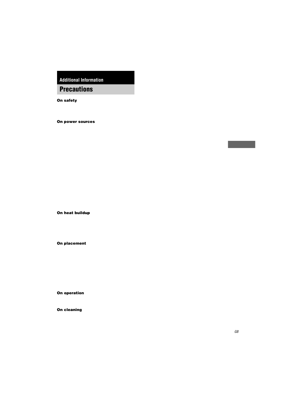 Precautions, On safety, On power sources | On heat buildup, On placement, On operation, On cleaning, Additional information | Sony STR-DA2000ES User Manual | Page 51 / 60