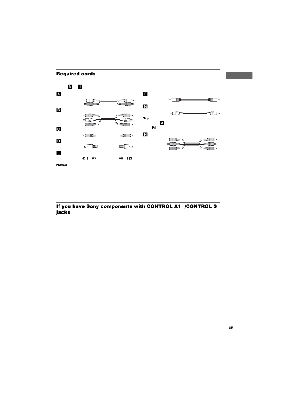 Required cords, A audio cord, B audio/video cord | C video cord, D s-video cord, E optical digital cord, F coaxial digital cord, G monaural audio cord, H component video cord, Notes | Sony STR-DA2000ES User Manual | Page 7 / 60