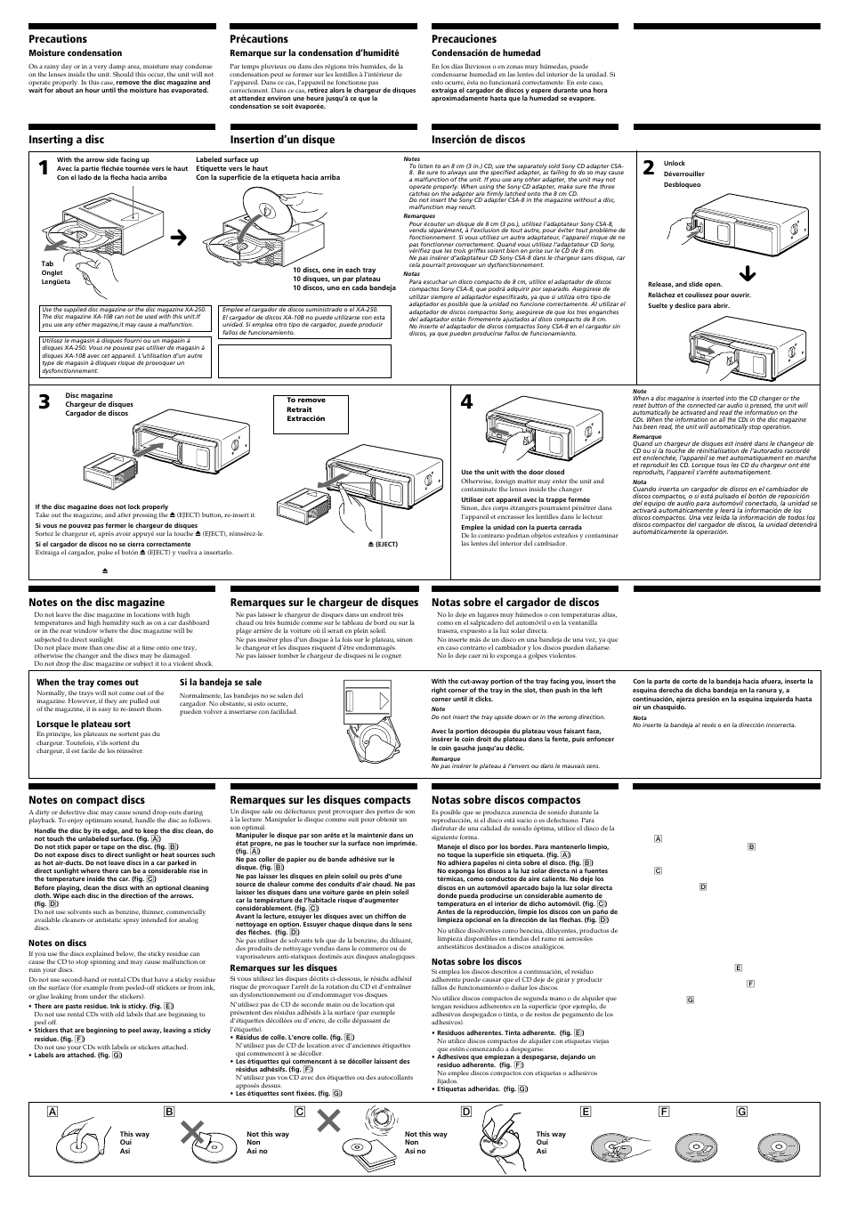 Précautions, Precautions, Precauciones | Œ•œ´e ™`n, Remarques sur le chargeur de disques, Notas sobre el cargador de discos, Яx ™ж, Remarques sur les disques compacts, Notas sobre discos compactos, Pжg¤– ™ж | Sony CDX-838 User Manual | Page 2 / 4