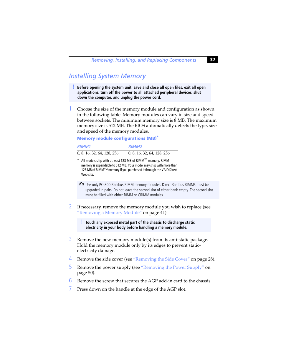 Installing system memory | Sony PCV-RX480DS User Manual | Page 51 / 134