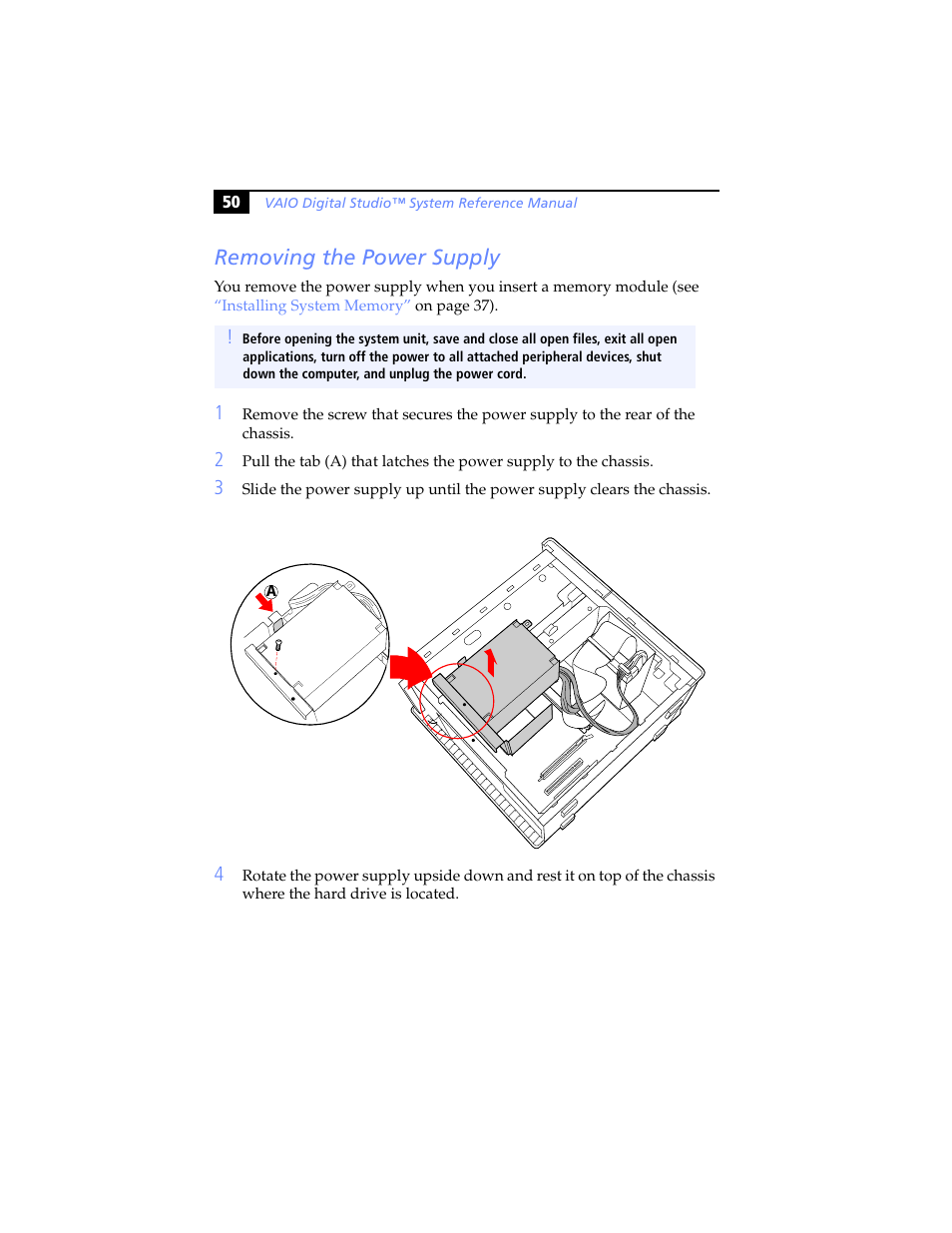 Removing the power supply | Sony PCV-RX480DS User Manual | Page 64 / 134