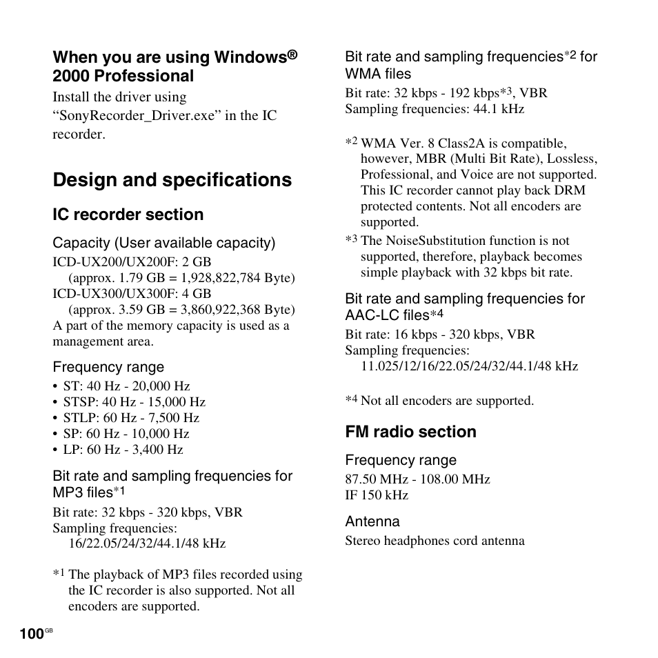 Design and specifications, When you are using windows, 2000 professional | Sony ICD-UX300F User Manual | Page 100 / 124