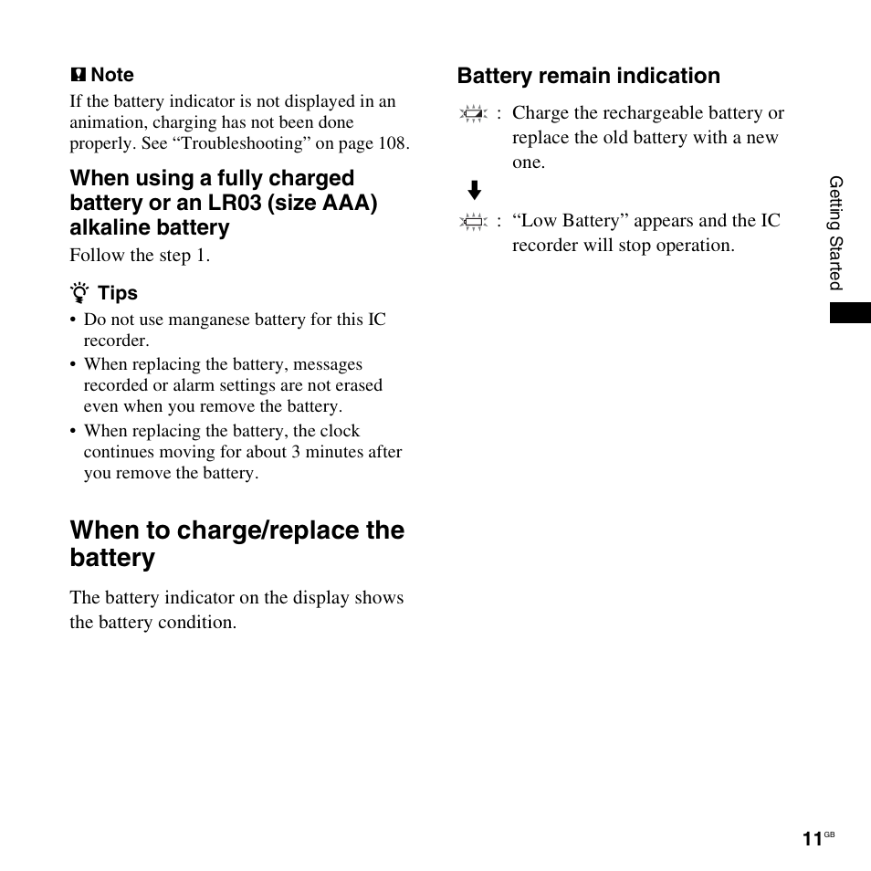 When to charge/replace the battery, Battery remain indication | Sony ICD-UX300F User Manual | Page 11 / 124