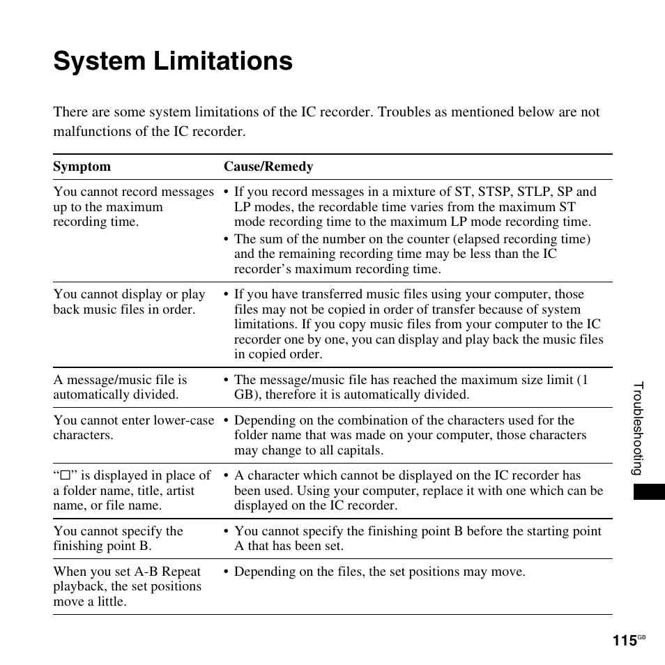 System limitations | Sony ICD-UX300F User Manual | Page 115 / 124