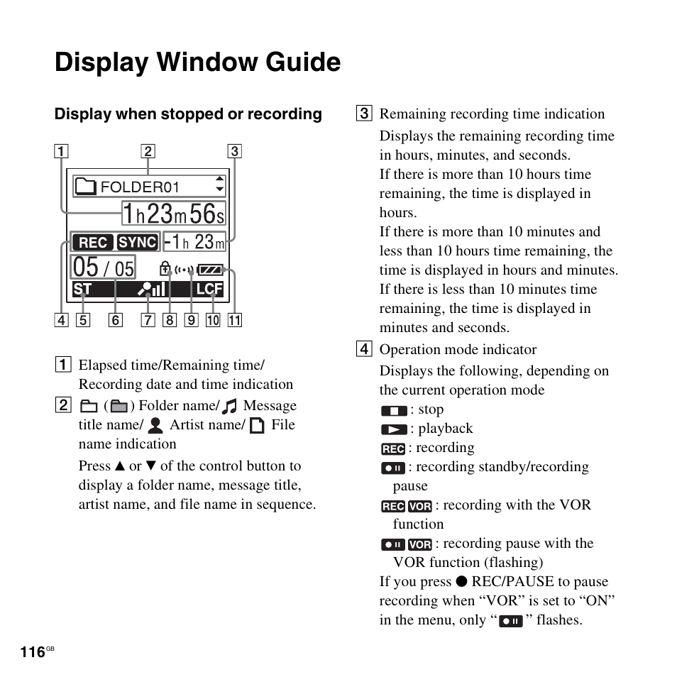 Display window guide | Sony ICD-UX300F User Manual | Page 116 / 124