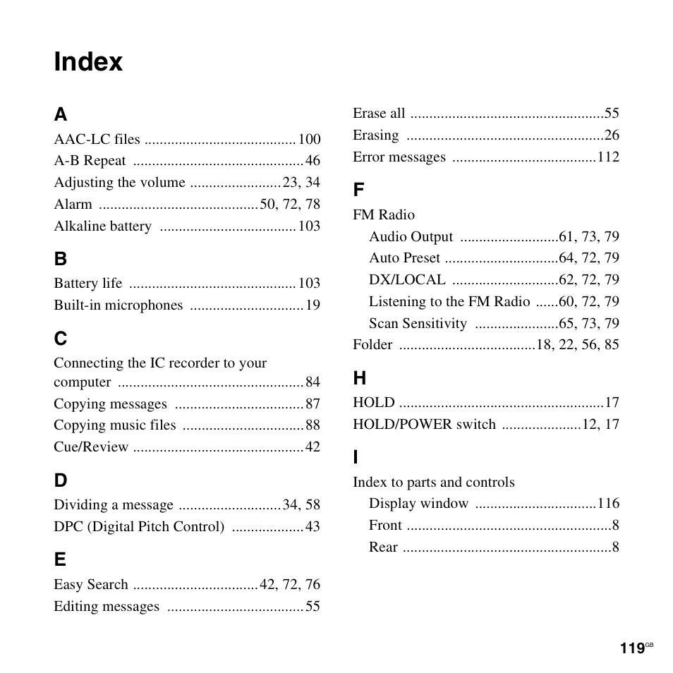 Index | Sony ICD-UX300F User Manual | Page 119 / 124