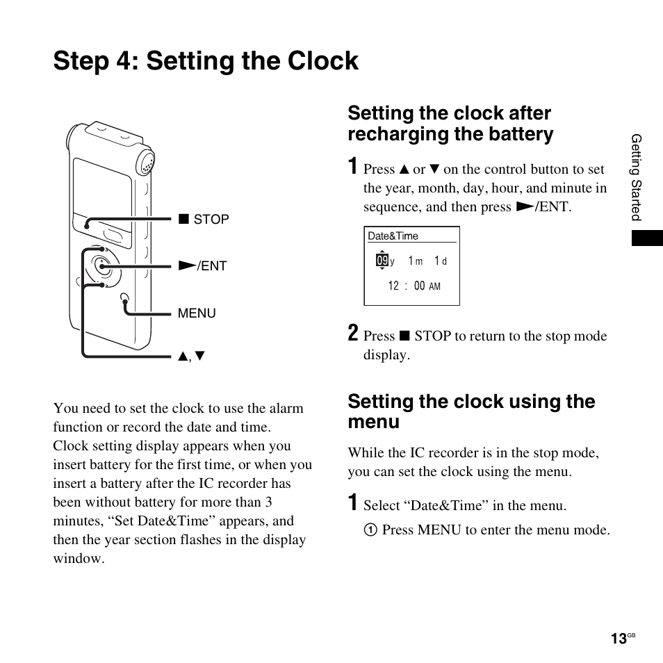 Step 4: setting the clock, Setting the clock after recharging the battery, Setting the clock using the menu | Sony ICD-UX300F User Manual | Page 13 / 124