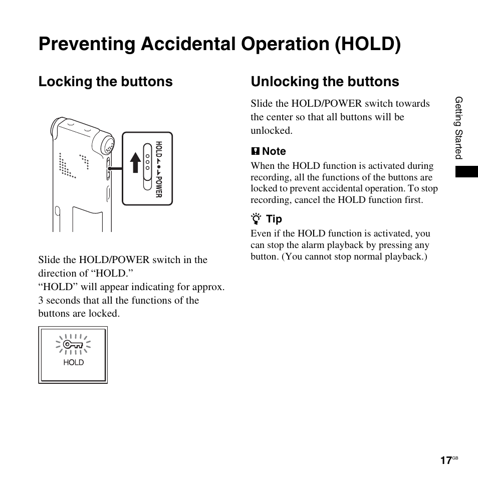 Preventing accidental operation (hold), Locking the buttons, Unlocking the buttons | Locking the buttons unlocking the buttons | Sony ICD-UX300F User Manual | Page 17 / 124