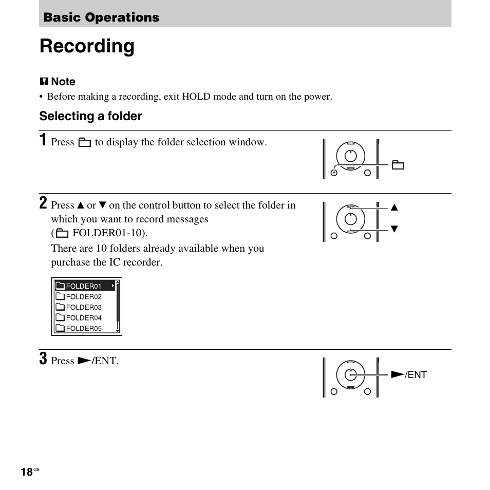 Basic operations, Recording | Sony ICD-UX300F User Manual | Page 18 / 124