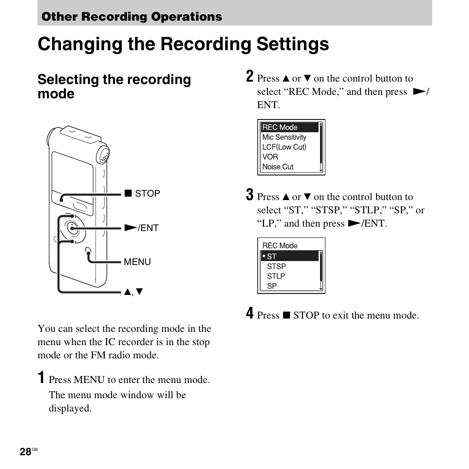 Other recording operations, Changing the recording settings, Selecting the recording mode | Sony ICD-UX300F User Manual | Page 28 / 124