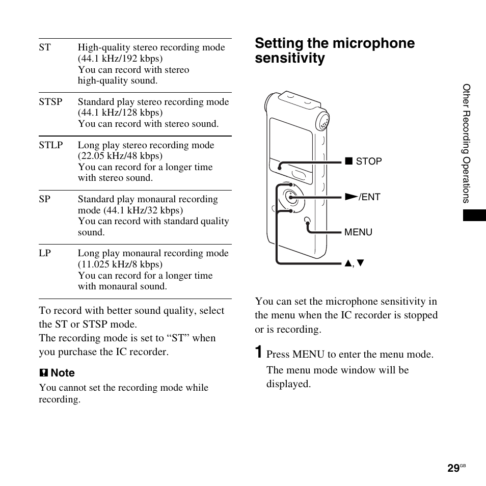 Setting the microphone sensitivity | Sony ICD-UX300F User Manual | Page 29 / 124