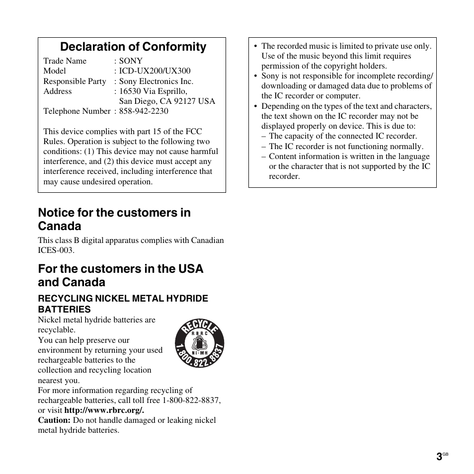 Notice for the customers in canada, For the customers in the usa and canada, Declaration of conformity | Sony ICD-UX300F User Manual | Page 3 / 124