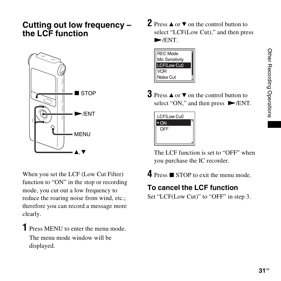 Cutting out low frequency - the lcf function, Cutting out low frequency – the lcf function | Sony ICD-UX300F User Manual | Page 31 / 124