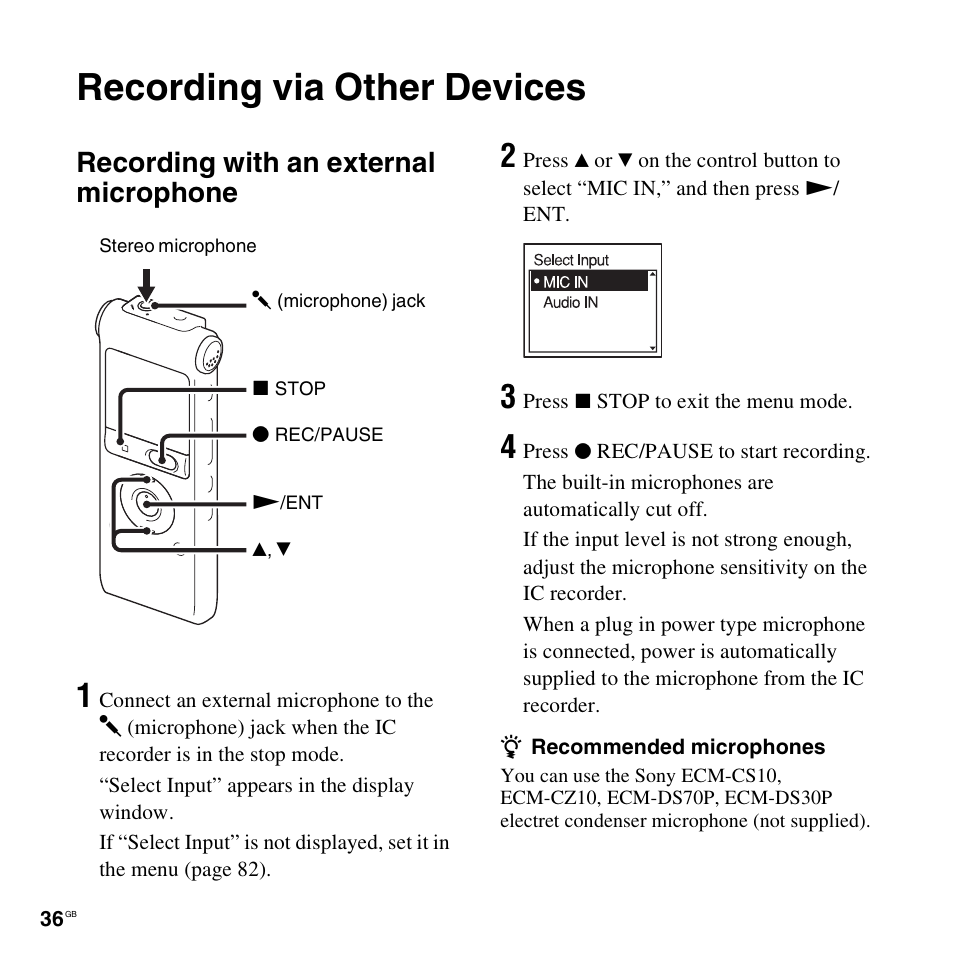 Recording via other devices, Recording with an external microphone | Sony ICD-UX300F User Manual | Page 36 / 124