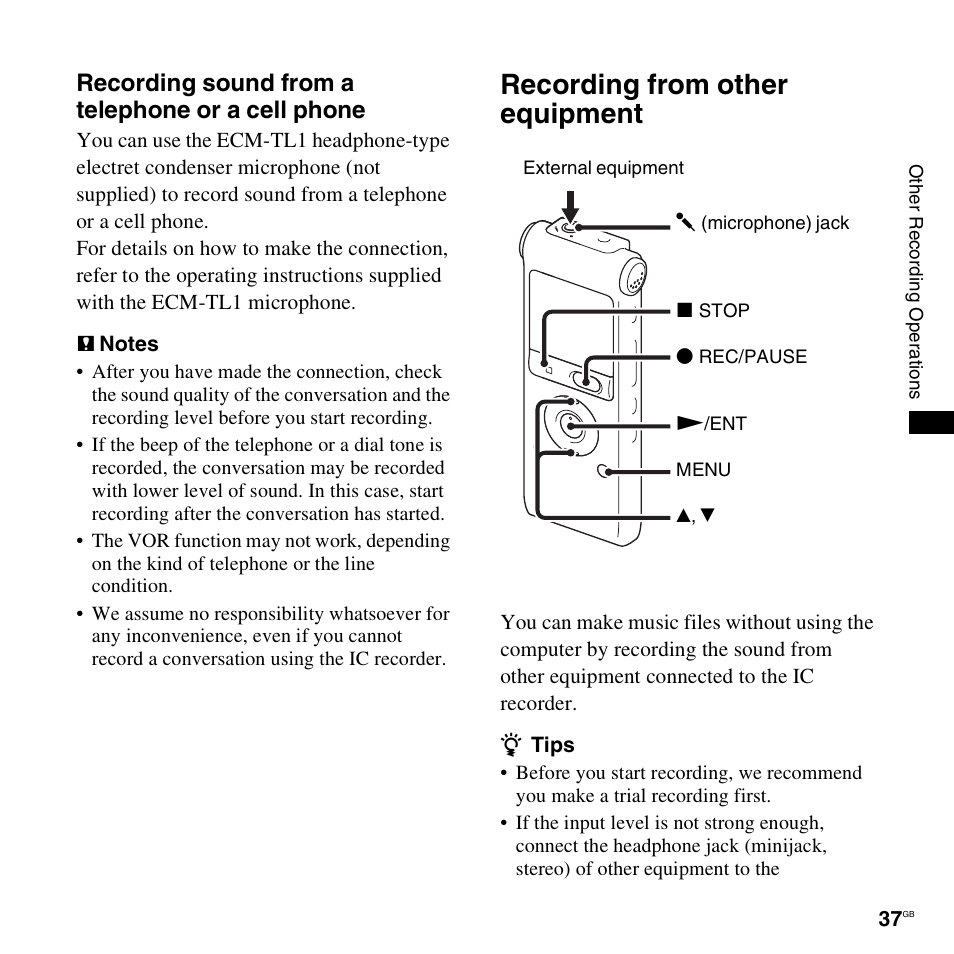 Recording from other equipment, Recording sound from a telephone or a cell phone | Sony ICD-UX300F User Manual | Page 37 / 124