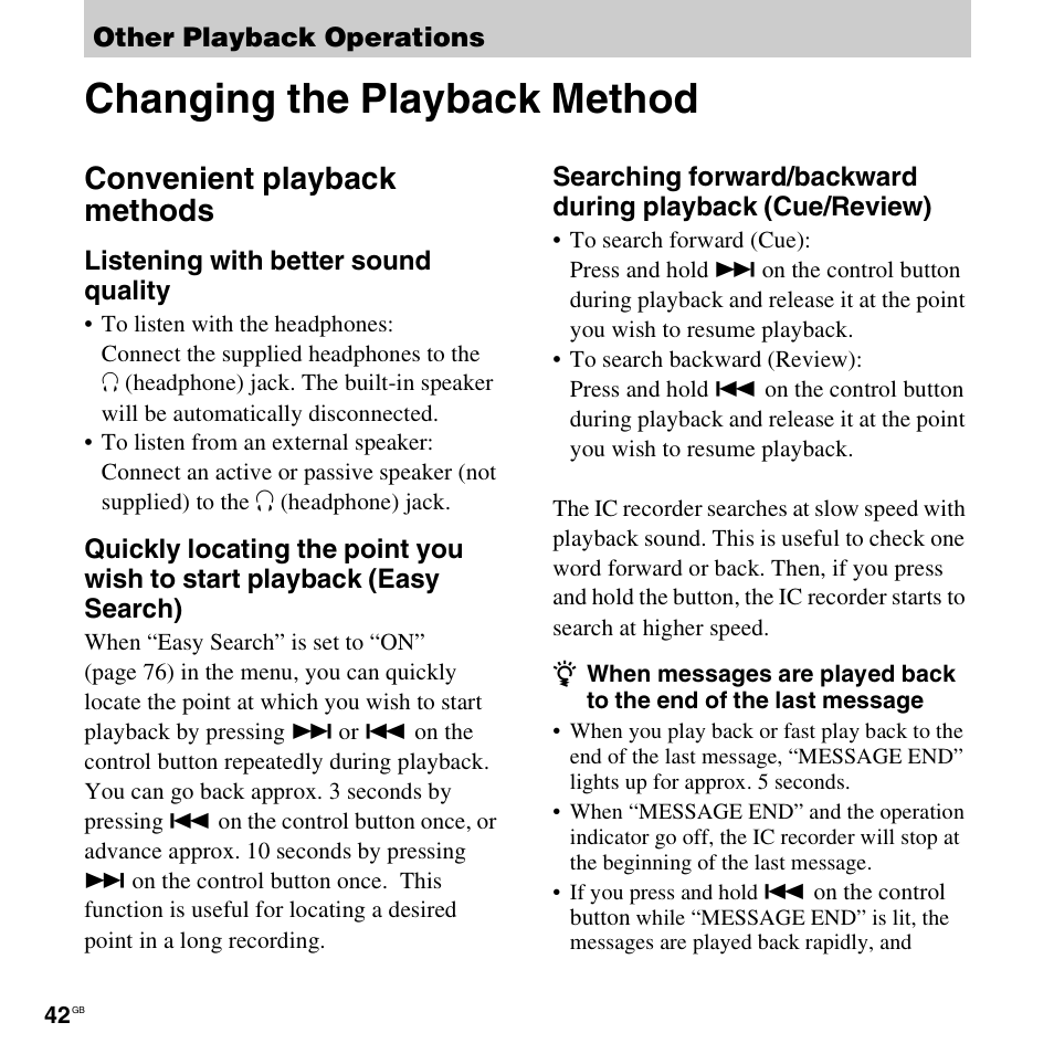 Other playback operations, Changing the playback method, Convenient playback methods | Sony ICD-UX300F User Manual | Page 42 / 124