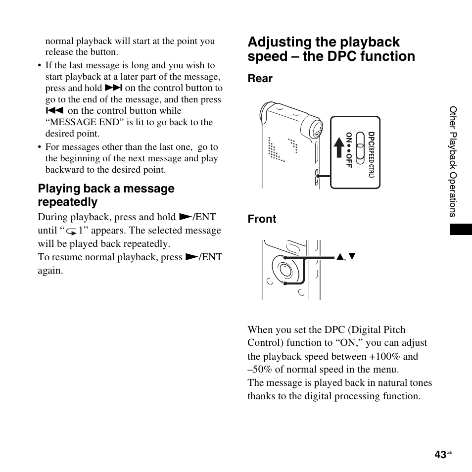 Adjusting the playback speed - the dpc function, Adjusting the playback speed – the dpc function, Playing back a message repeatedly | Sony ICD-UX300F User Manual | Page 43 / 124