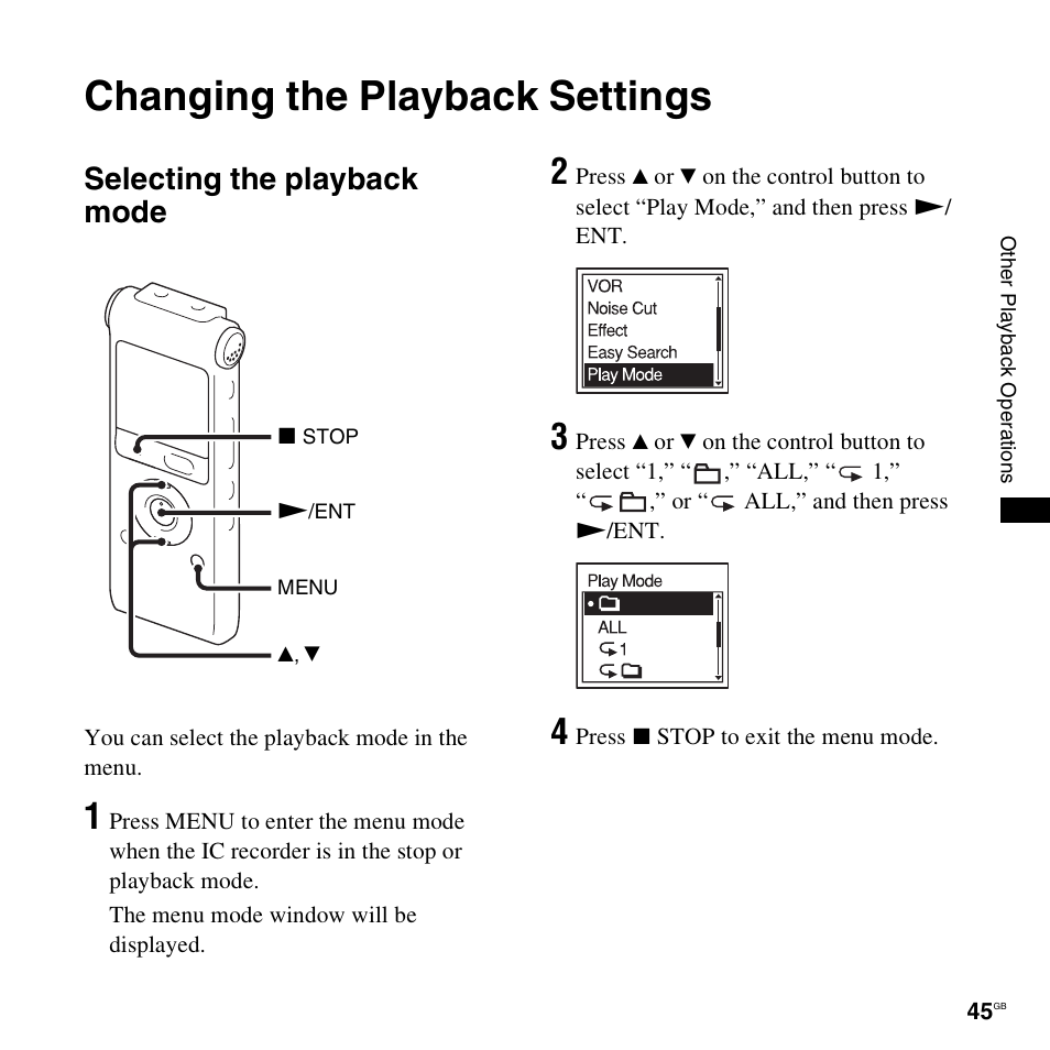 Changing the playback settings, Selecting the playback mode | Sony ICD-UX300F User Manual | Page 45 / 124