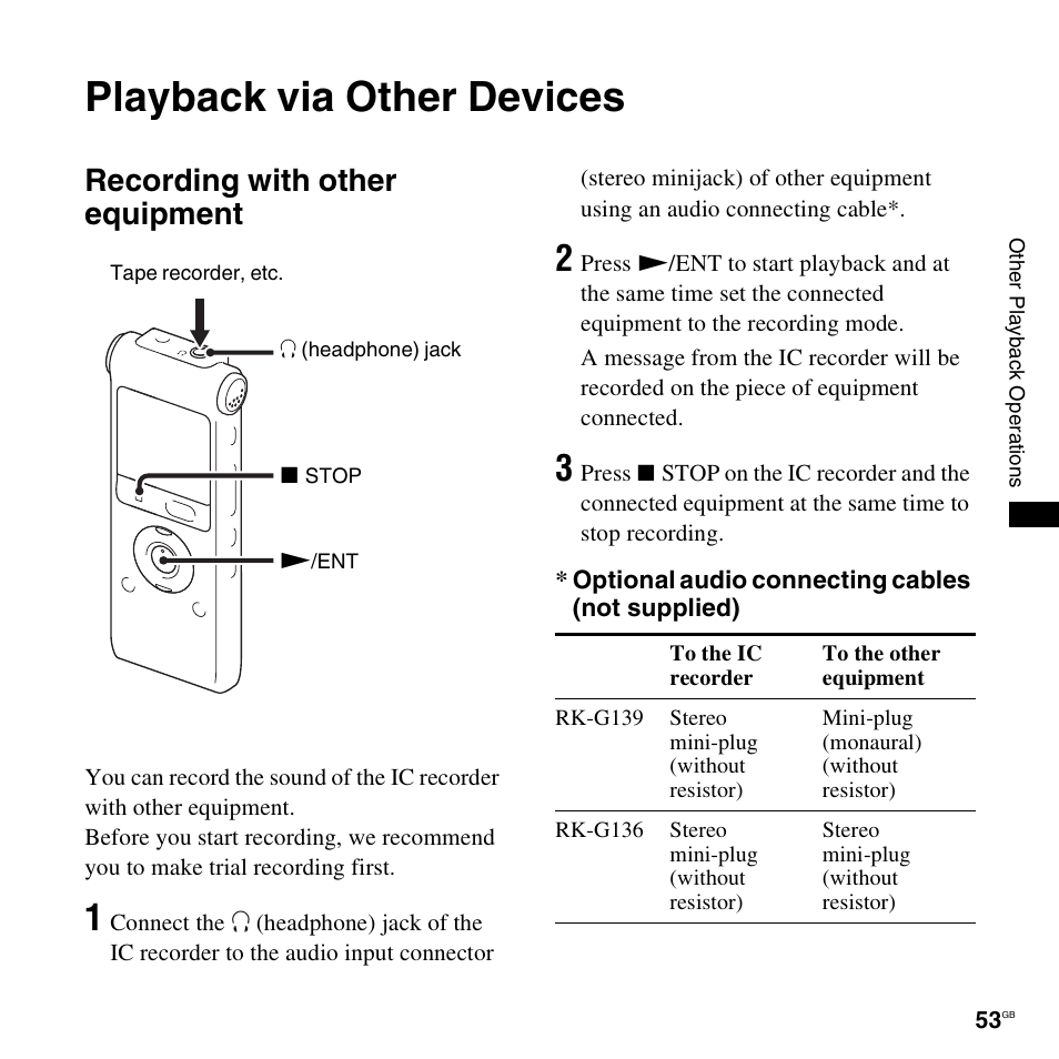 Playback via other devices, Recording with other equipment | Sony ICD-UX300F User Manual | Page 53 / 124