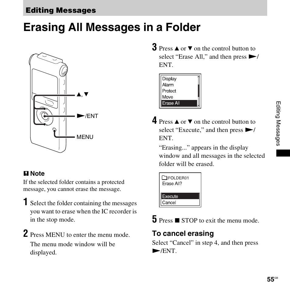 Editing messages, Erasing all messages in a folder | Sony ICD-UX300F User Manual | Page 55 / 124