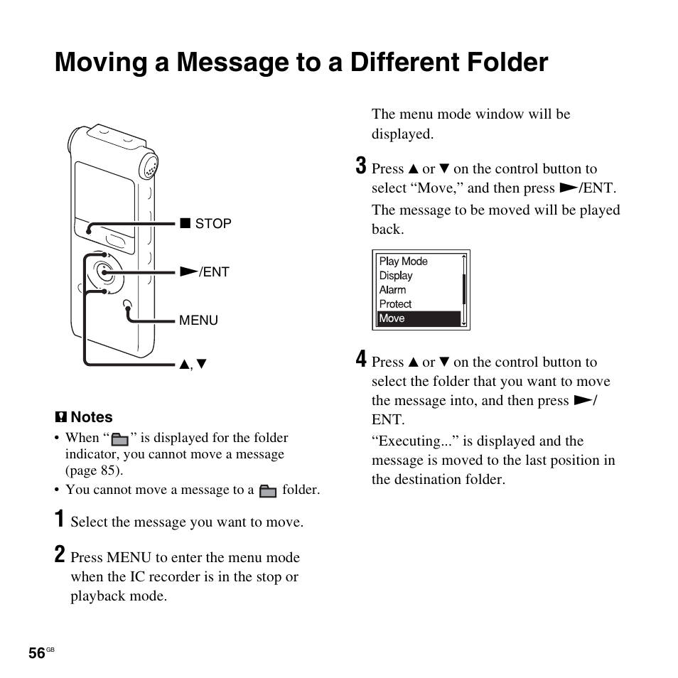 Moving a message to a different folder | Sony ICD-UX300F User Manual | Page 56 / 124