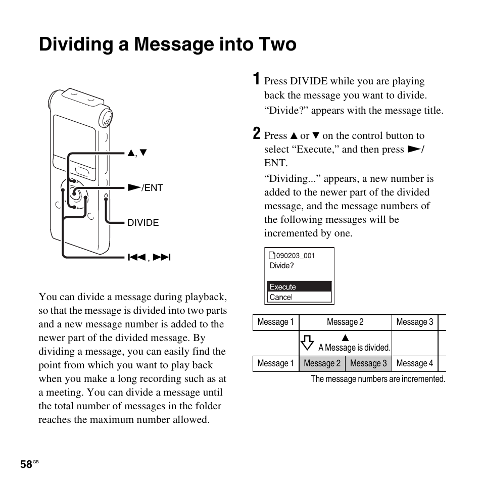 Dividing a message into two | Sony ICD-UX300F User Manual | Page 58 / 124