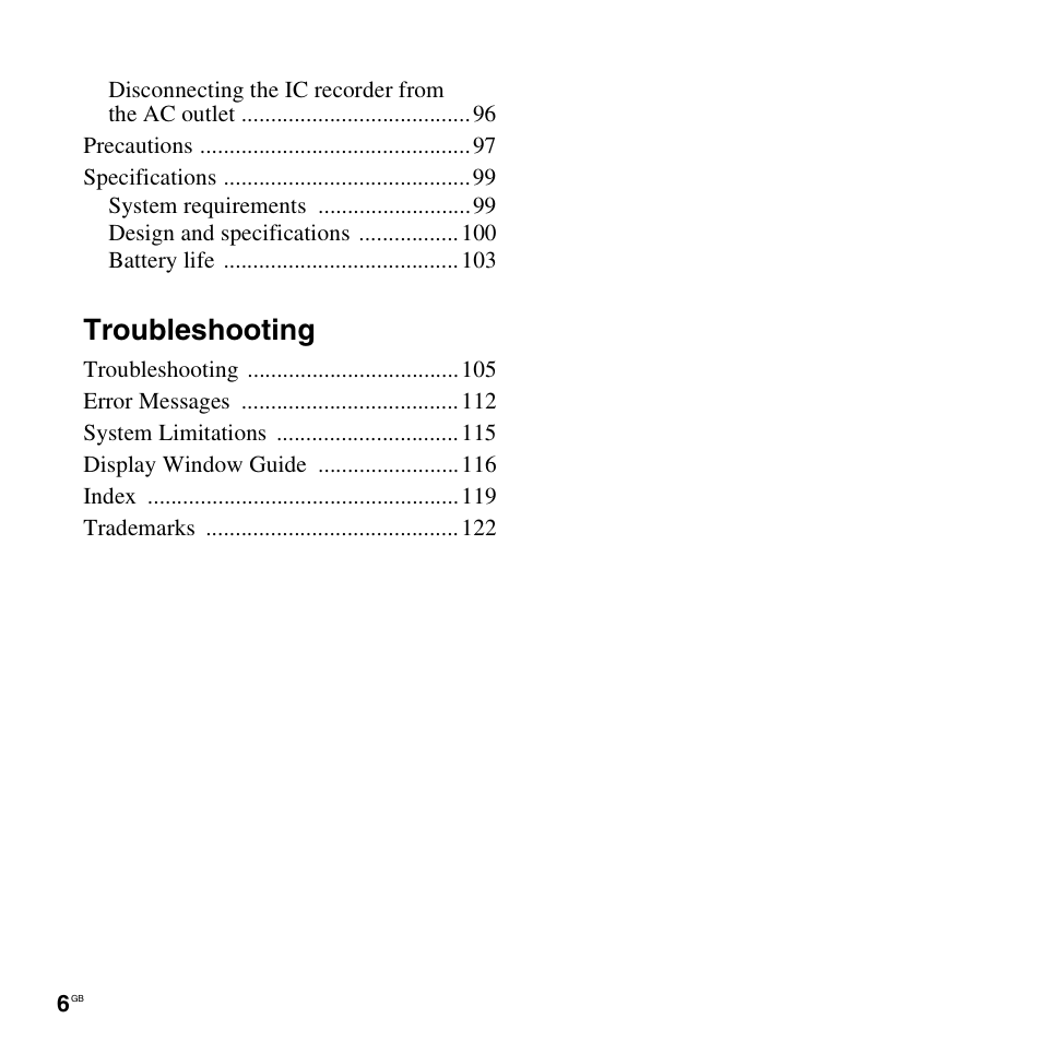 Troubleshooting | Sony ICD-UX300F User Manual | Page 6 / 124