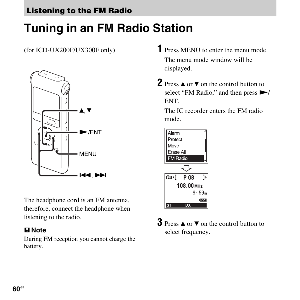 Listening to the fm radio, Tuning in an fm radio station | Sony ICD-UX300F User Manual | Page 60 / 124