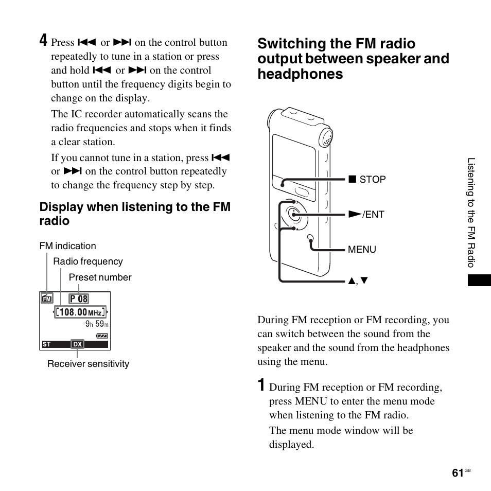 Display when listening to the fm radio | Sony ICD-UX300F User Manual | Page 61 / 124