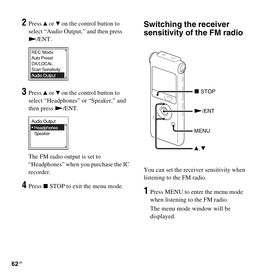 Switching the receiver sensitivity of the fm radio | Sony ICD-UX300F User Manual | Page 62 / 124